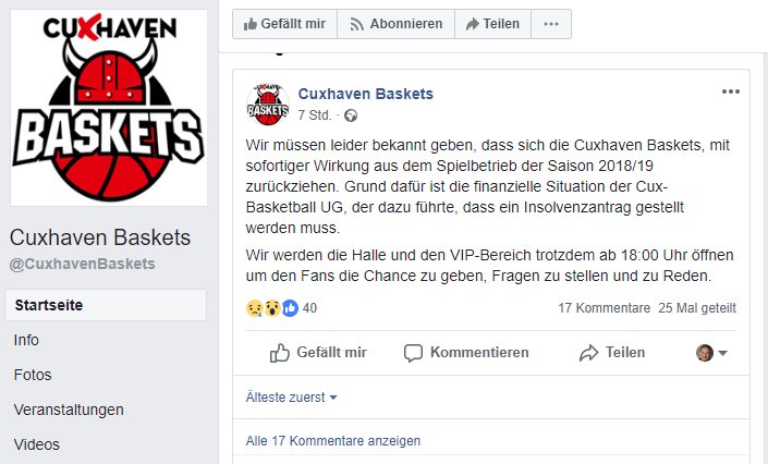 Insolvenz der Cuxhaven Baskets